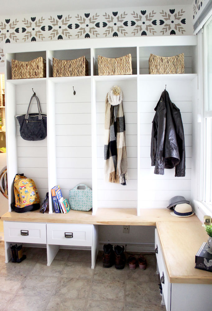 Mudroom entryway cubby shelves with drawers, lockers, and baskets. DIY drawers and shiplap