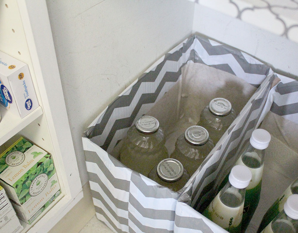 DIY upcycled storage bins used in the pantry for home organization